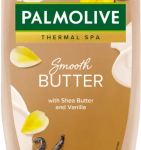 Palmolive Thermal Spa Smooth Butter Shower Gel bottle with shea butter and vanilla, in a beige container with 95% natural origin label.