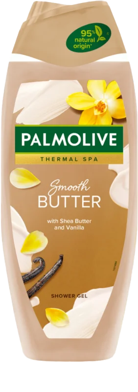 Palmolive Thermal Spa Smooth Butter Shower Gel bottle with shea butter and vanilla, in a beige container with 95% natural origin label.