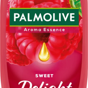 Palmolive Aroma Essence Sweet Delight Shower Gel bottle with juicy berries and figs scent, in a pink container featuring a mood-boosting fragrance label.