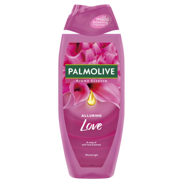 Palmolive Aroma Essence Alluring Love Shower Gel bottle with soft rose and peony scent, in a pink container featuring mood-boosting fragrance label.