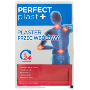 Perfect Plast+ Pain Relief Patch packaging, showing front label with pain relief points for muscles, joints, and spine, and up to 24-hour relief promise.