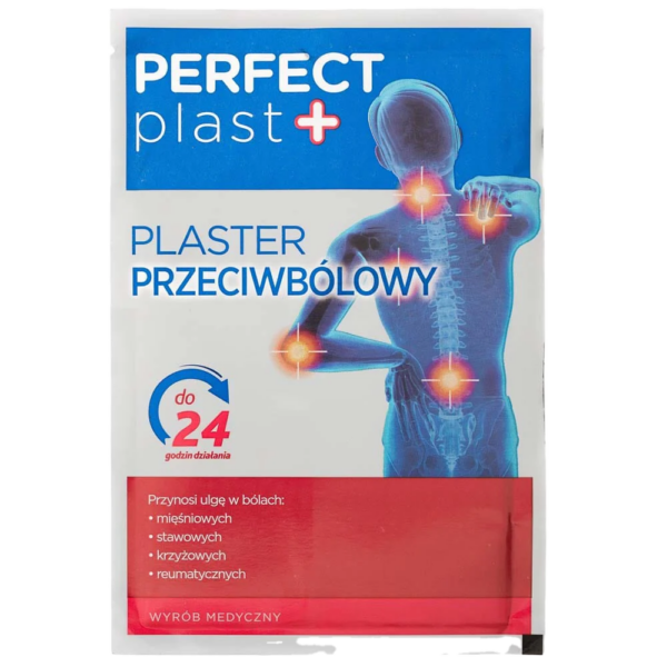 Perfect Plast+ Pain Relief Patch packaging, showing front label with pain relief points for muscles, joints, and spine, and up to 24-hour relief promise.