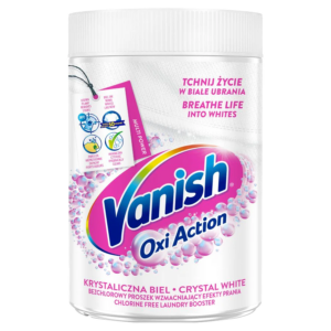 Vanish Oxi Action Crystal White stain remover powder in a white container with pink and blue branding.