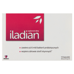 Iladian dietary supplement box with 10 capsules, featuring a red label and text highlighting 6 billion probiotic bacteria for intimate health.