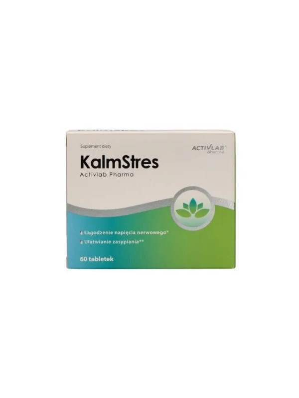 A box of KalmStres dietary supplement by Activlab Pharma, containing 60 tablets to help ease nervous tension and promote better sleep.